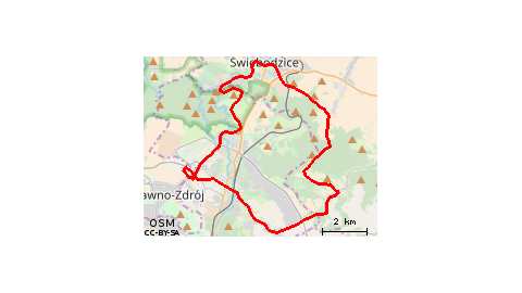 Piaskowa Góra - Podzamcze - Szczawienko - Pełcznica - Świebodzice - Wzgórze Czepiec - Jeziorko Daisy - Pogorzała - Poniatów - Piaskowa Góra 