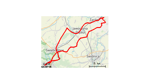 Piaskowa Góra - Podzamcze - Szczawienko - Świebodzice - Mokrzeszów - Milikowice - Witków - Stary Jaworów - Bolesławice Świdnickie - Nowice - Bożanów - Kalno - Mrowiny - Żarów - Piotrowice Świdnickie - Jaworzyna Śląska - Nowy Jaworów - Grochotów - Świebodz
