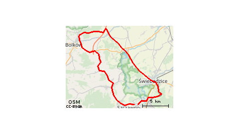 Piaskowa Góra - Szczawno Zdrój - Struga - Stare Bogaczowice - Sady Górne - Sady Dolne - Bolków - Świny - Zamek Świny - Kłaczyna - Bronów - Dobromierz - Siodłkowice - Jaskulin - Świebodzice - Lubiechów - Szczawienko - Podzamcze - Piaskowa Góra 