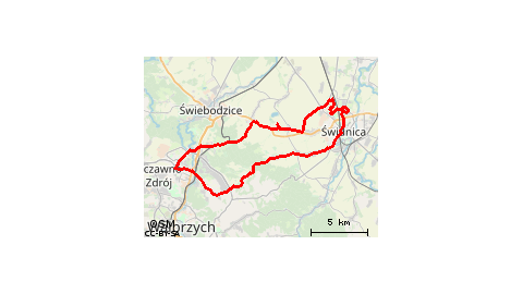 Piaskowa Góra - Podzamcze - Szczawienko - Lubiechów - Wzgórze Czepiec - Mokrzeszów - Komorów - Słotwina - Świdnica - Witoszów Dolny - Witoszów Górny - Pogorzała - Poniatów - Piaskowa Góra 