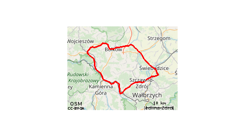 Piaskowa Góra - Szczawno Zdrój - Lubomin - Jabłów - Czarny Bór - Witków Śląski - Jaczków - Sędzisław - Marciszów - Ciechanowice - Świdnik - Kaczorów - Mysłów - Nowe Rochowice - Jeżów - Bolków - Świny - Wolbromek - Kłaczyna - Bronów - Dobromierz - Siodłkow